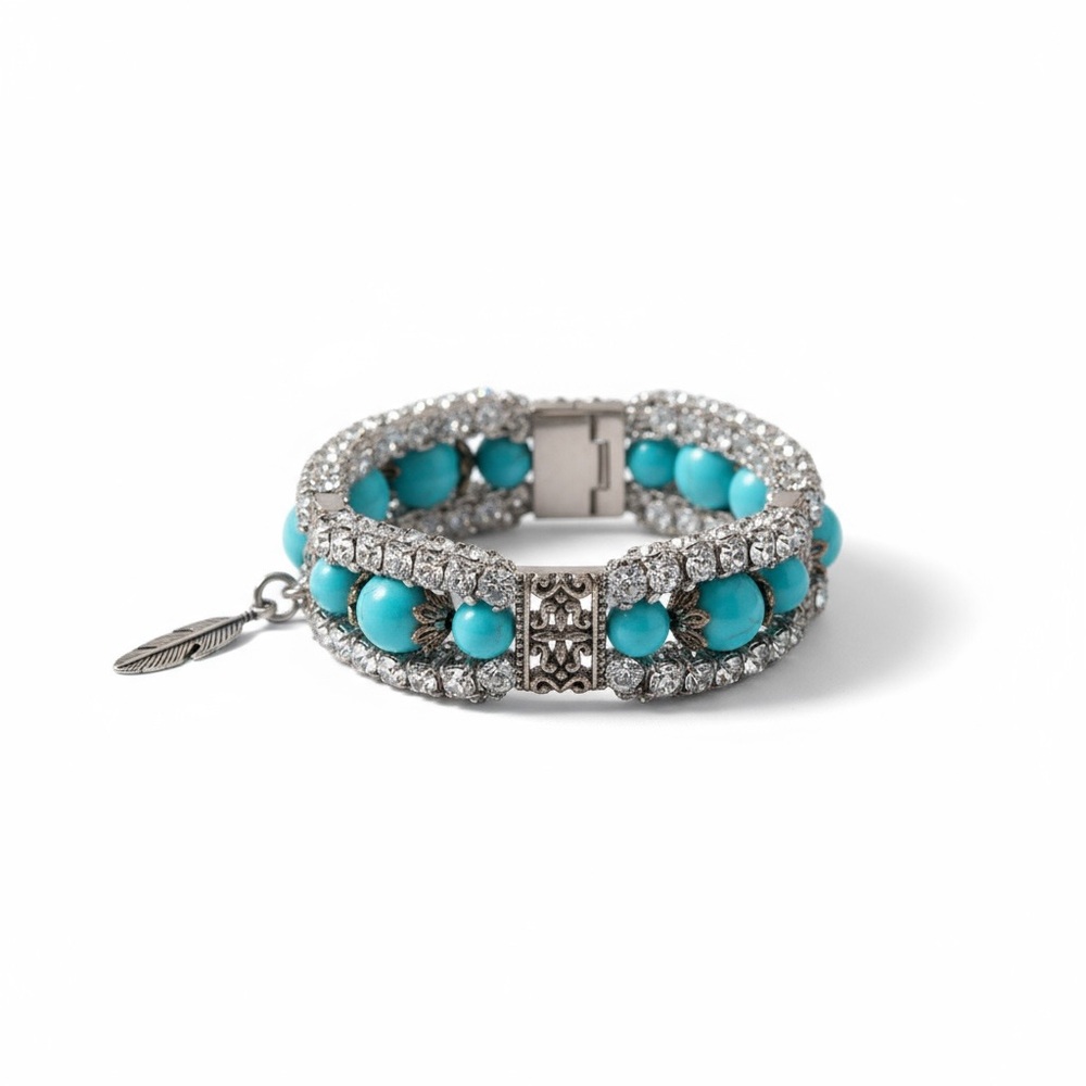 Vintage Alpaca Elegant Silver feather and Turquoise Chips Slave Bracelet